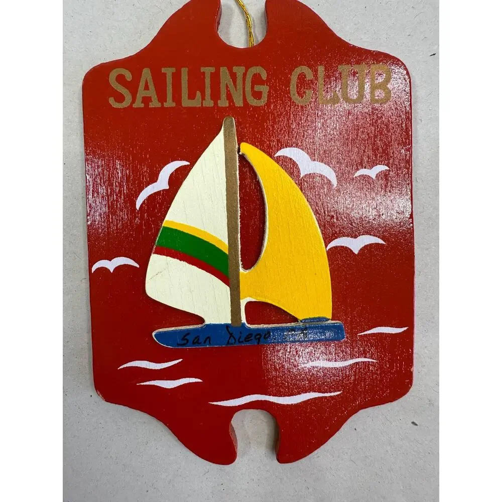 Vintage 1990 Sailing Club San Diego Wood Ornament, Sailboat Christmas Decor